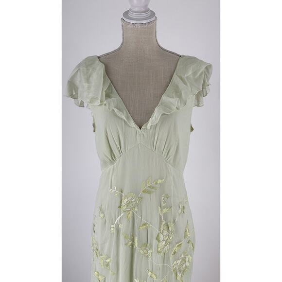 ASOS Embroidered Flutter Sleeve Maxi Dress Frill Hem Light Green Womens Size 12 - Picture 7 of 16